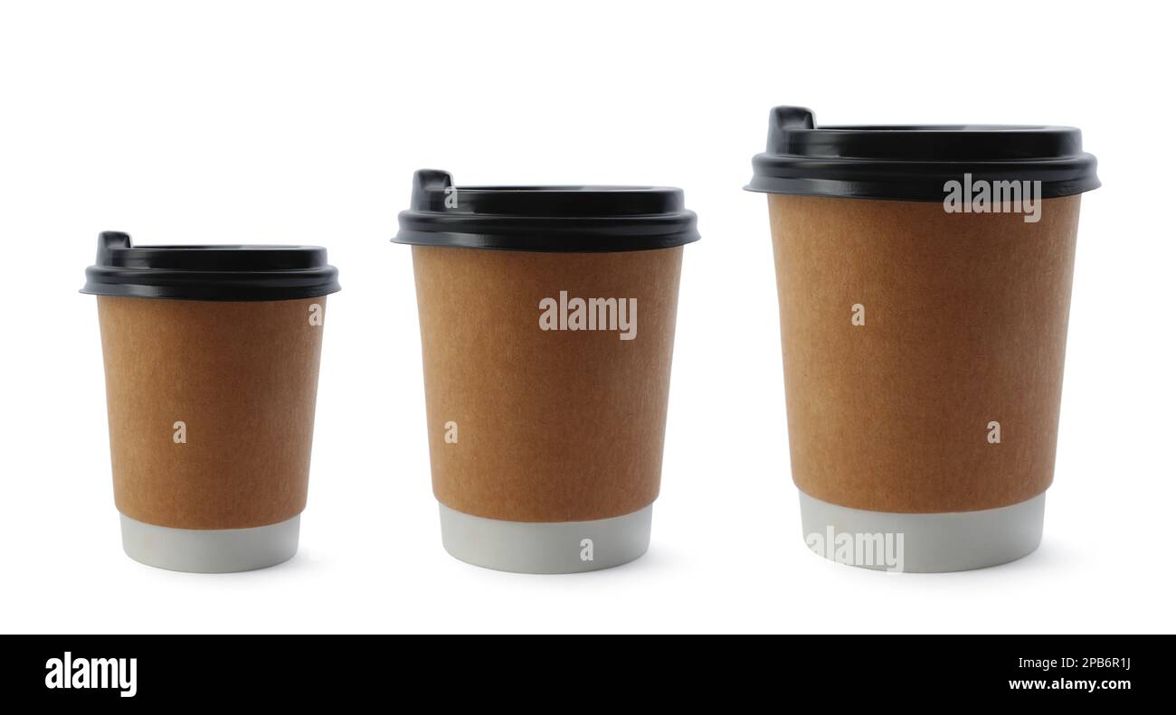 Paper coffee cups of different sizes on white background, collage Stock ...