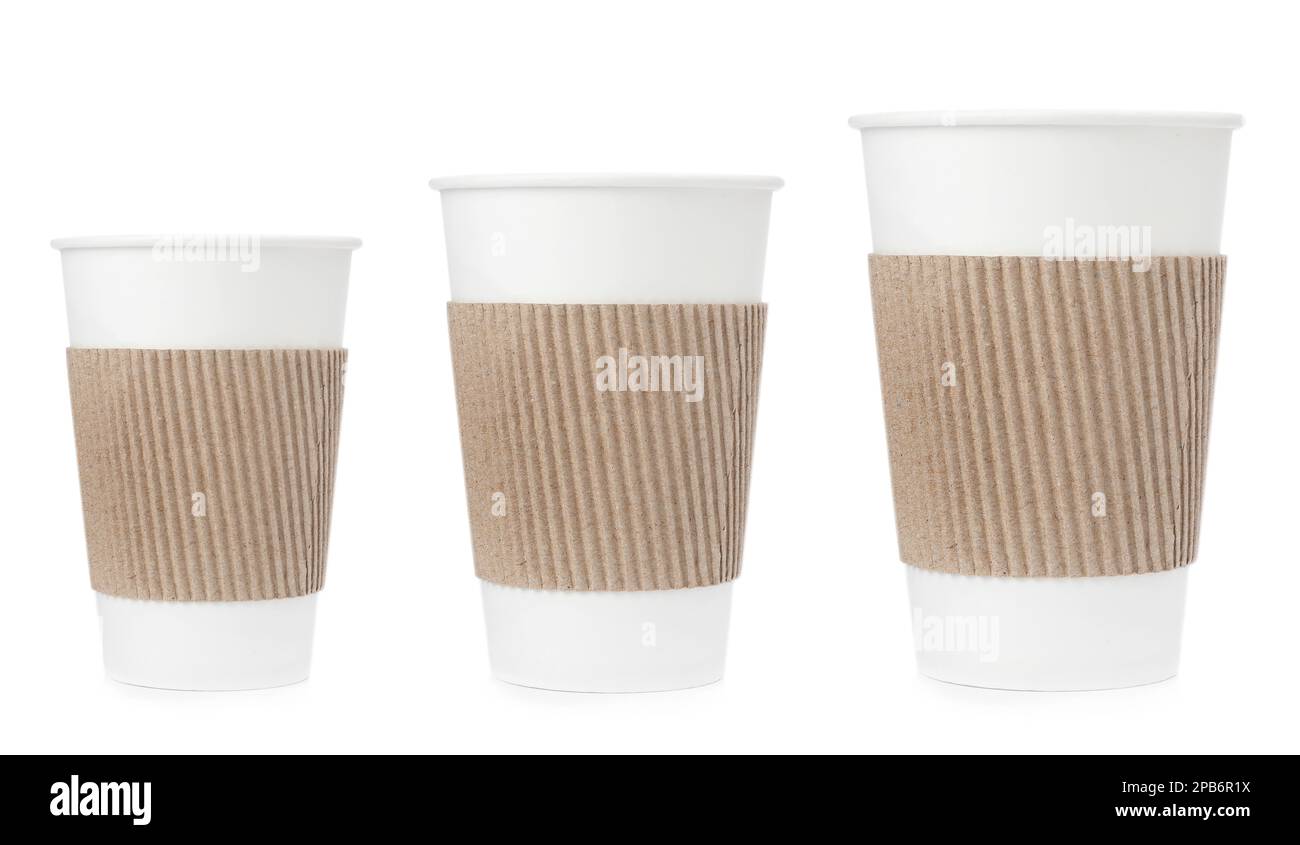 Paper coffee cups of different sizes on white background, collage Stock ...