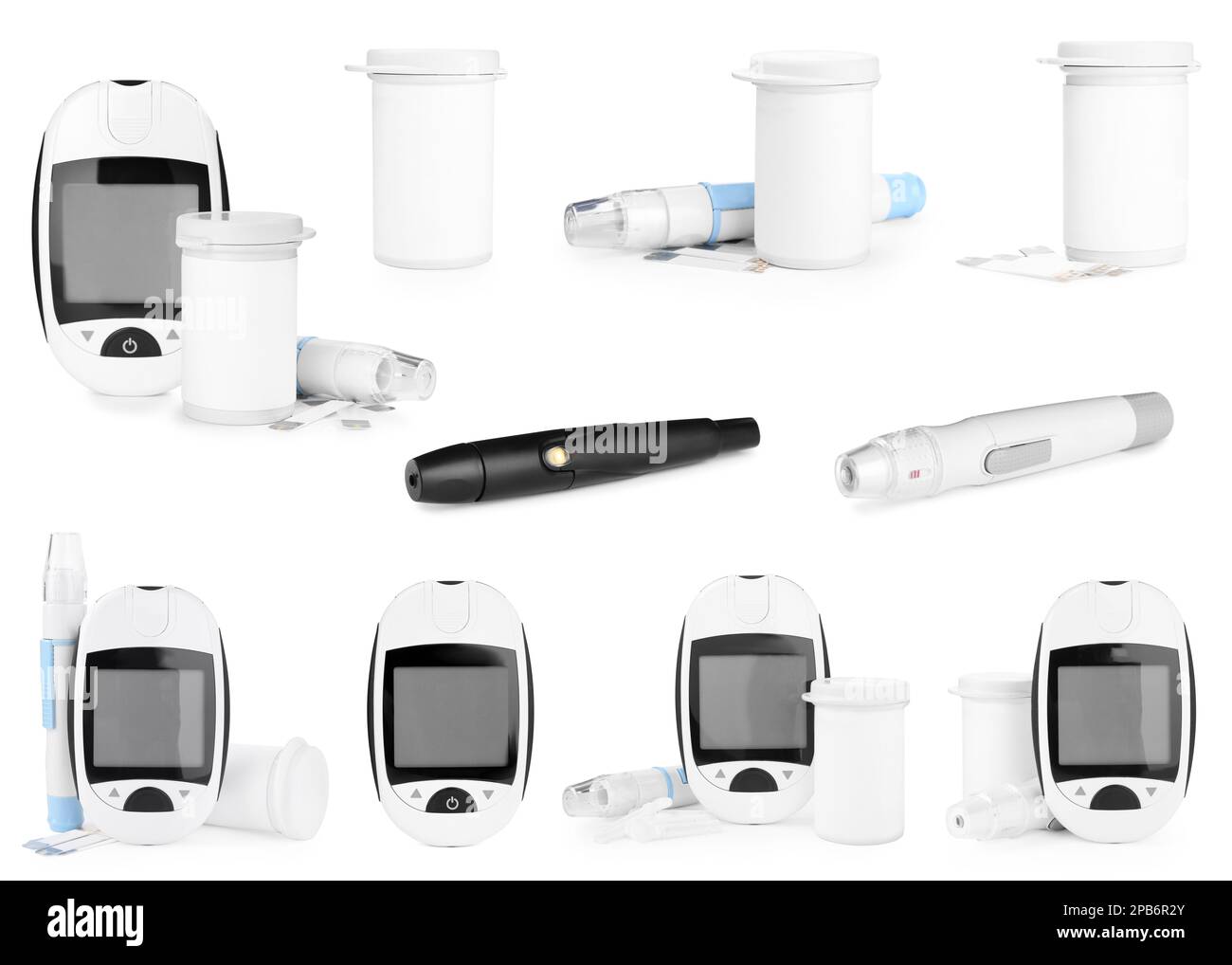Set with digital lancet pens and test strips on white background. Diabetes control