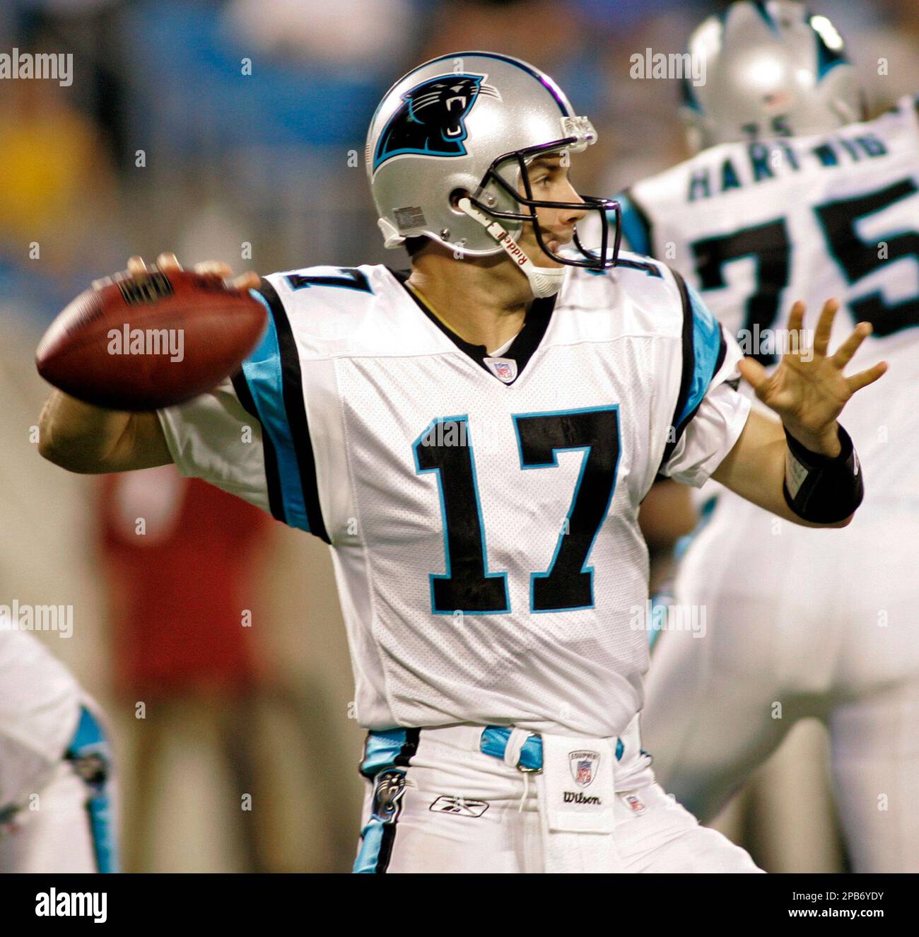 Carolina Panthers quarterback Jake Delhomme throws a pass in the first  quarter against the New York Giants at Giants Stadium in East Rutherford,  New Jersey on August 17, 2009. UPI /John Angelillo