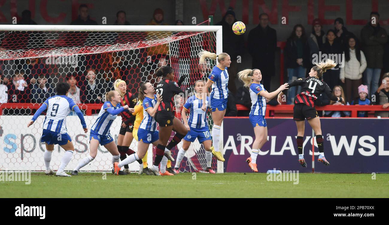 Crawley UK 12th March 2023 - Laia Aleixandri of Manchester City (far right) tries to get on the end of a corner  during the Barclays Women's Super League match between Brighton & Hove Albion and Manchester City   : Credit Simon Dack /TPI/ Alamy Live News Stock Photo