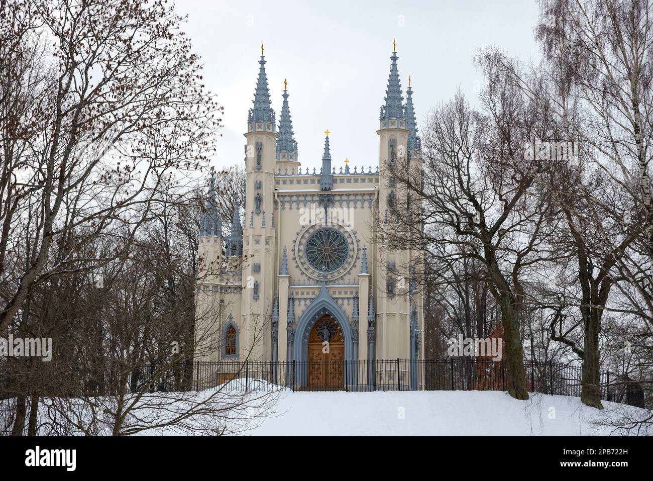 The old Church-chapel of St. Alexander on a cloudy winter day. Peterhof Stock Photo