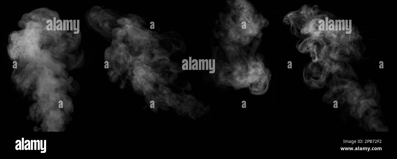 A set of 4 different steam, smoke, gas isolated on a black background. Swirling, writhing smoke to overlay on your photos. Smoky banner Stock Photo
