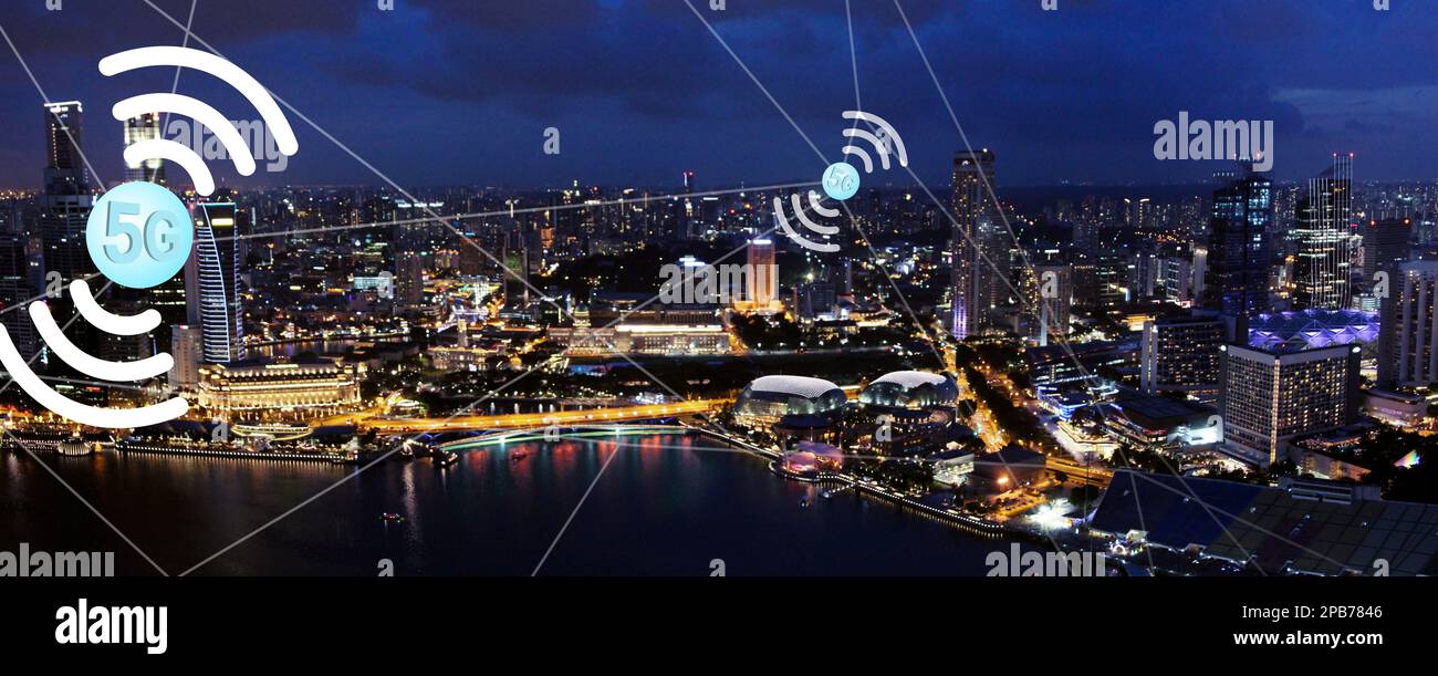 5G Fast speed wireless internet connection and technology concept. 3d ...