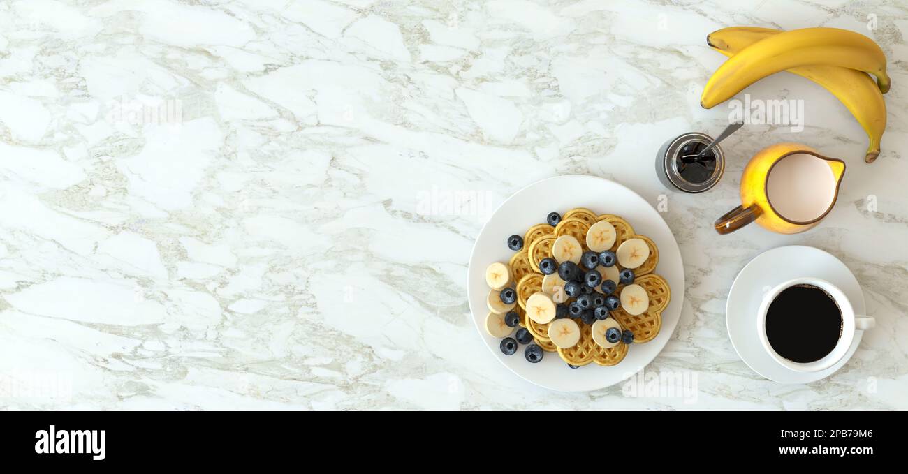 Belgian waffles with sliced bananas and blueberries. A cup of coffee, milk in a yellow jug, ripe bananas. Delicious healthy breakfast Stock Photo