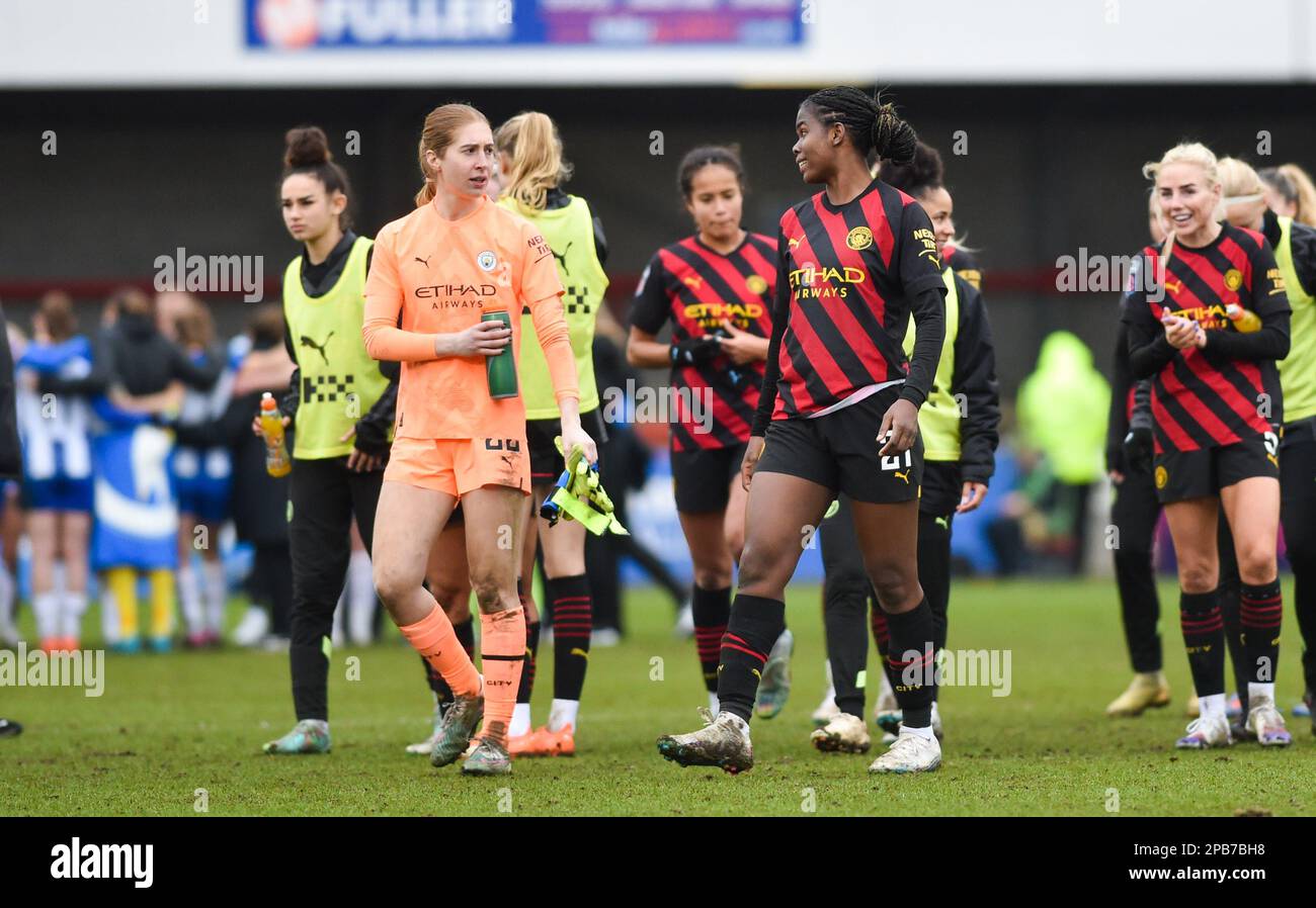 Crawley UK 12th March 2023 - Sandy Maciver of Manchester City (left)  and Khadija Shaw of Manchester City after their win  during the Barclays Women's Super League match between Brighton & Hove Albion and Manchester City   : Credit Simon Dack /TPI/ Alamy Live News Stock Photo