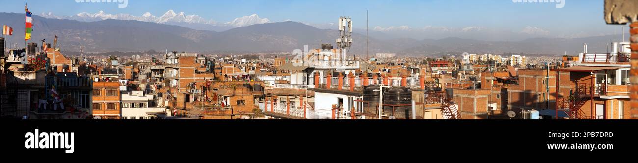 Evening panoramic view of Patan or Pathan town and Kathmandu city with Himalayas mountains, Nepal Stock Photo