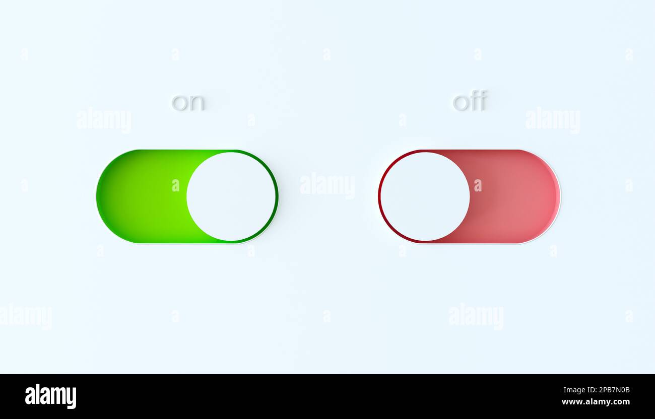 Toggle switch buttons isolated on white background. 3D render illustration. On and Off toggle switch buttons. Material design. Stock Photo