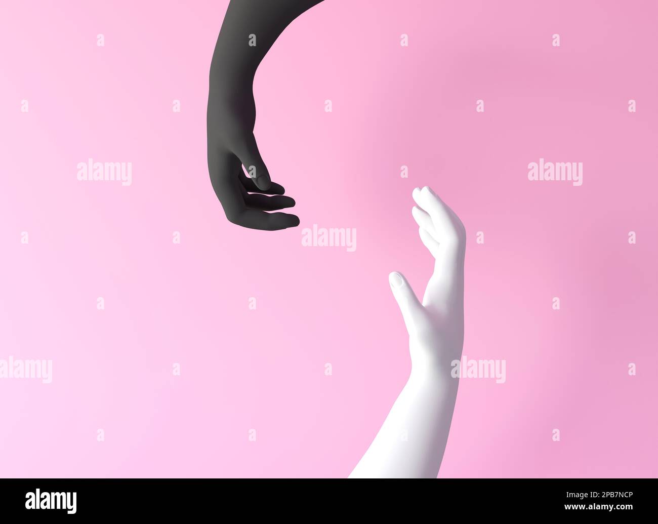 Black and white mannequin hand on pink background. Couple concept, different peoples are same