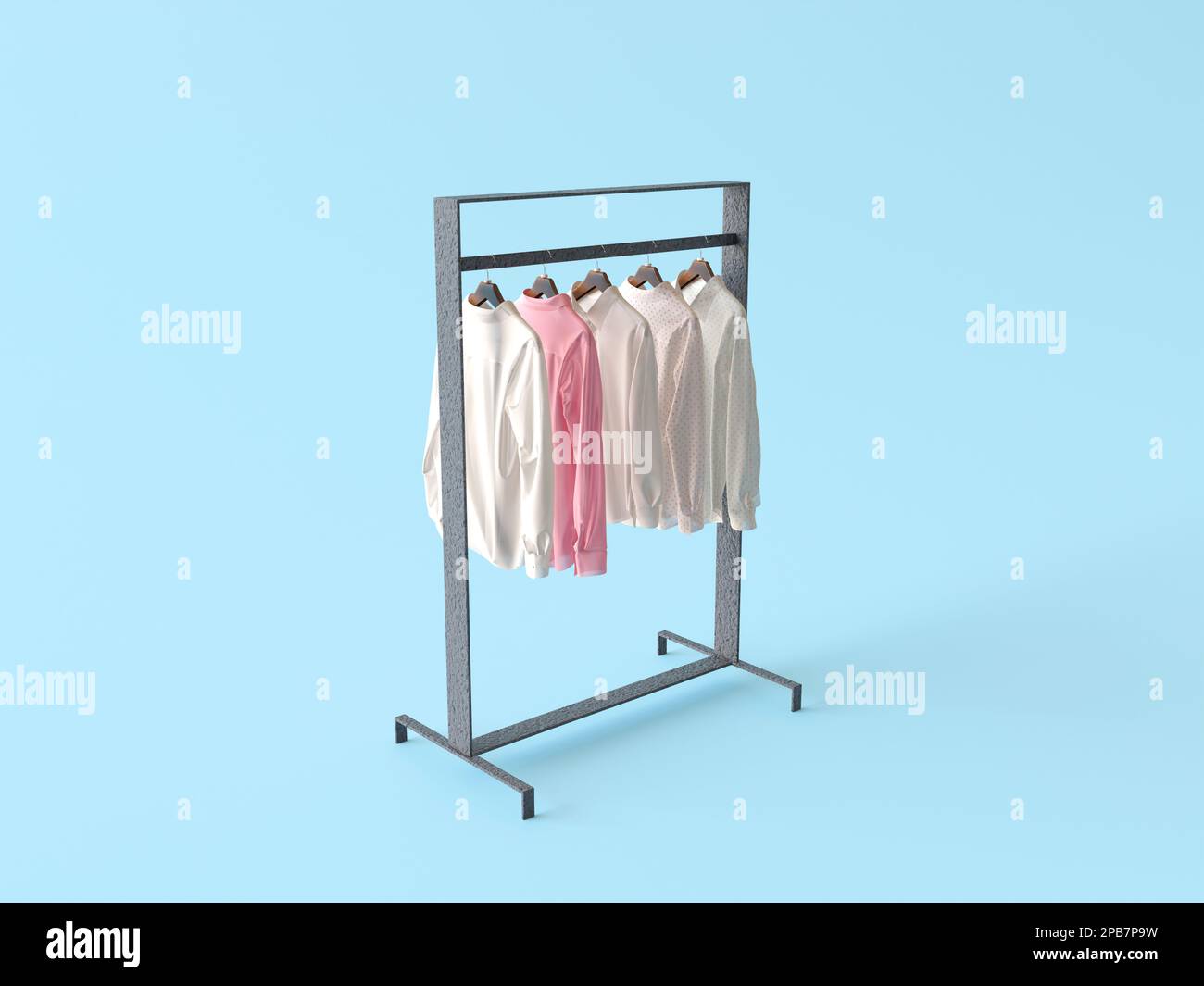 Light shirts on a store hanger. Clothes rack on pastel blue background