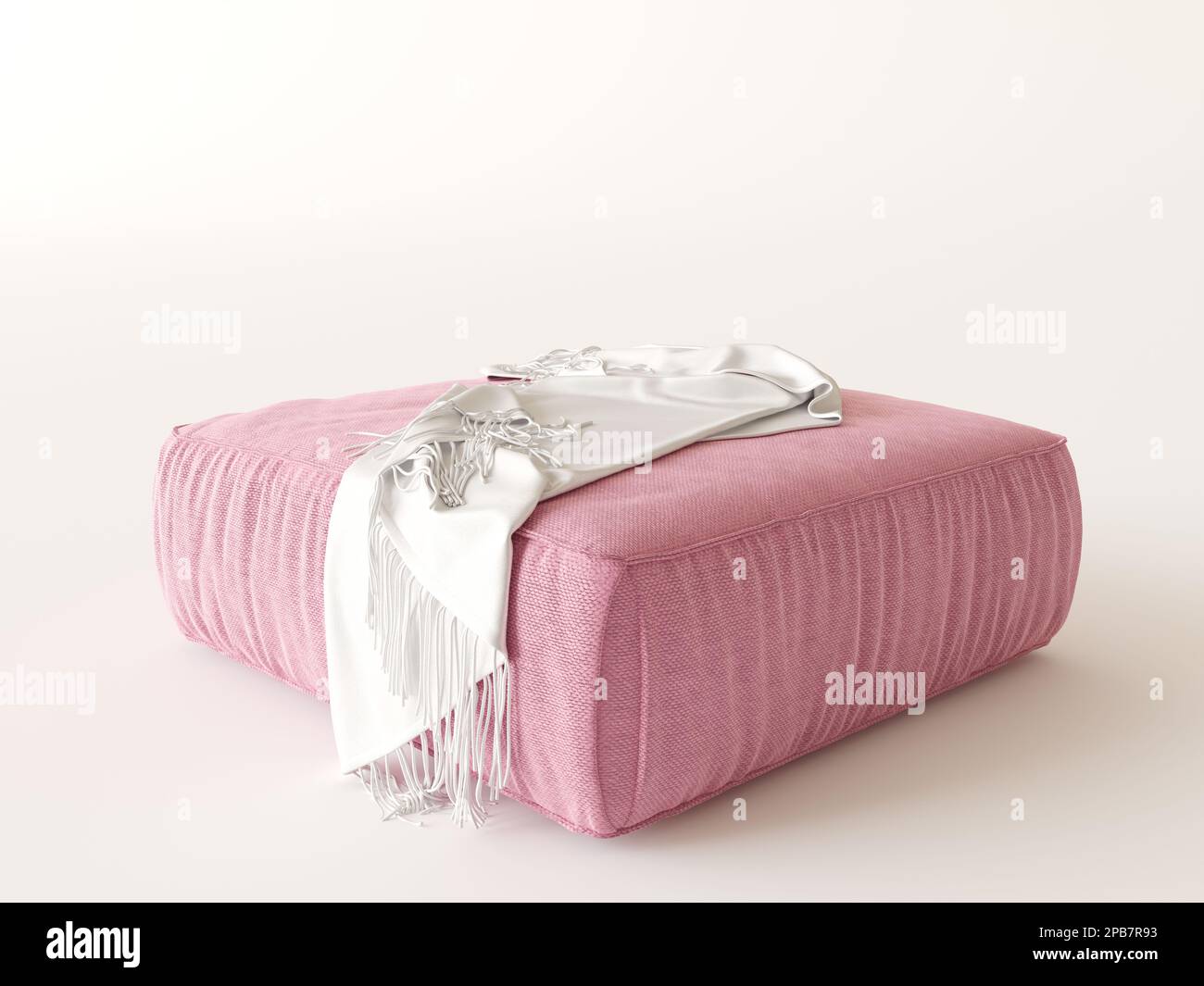 Square pink ottoman isolated on a white background. Studio photo, soft velvet ottoman with falling light fabric. Stock Photo