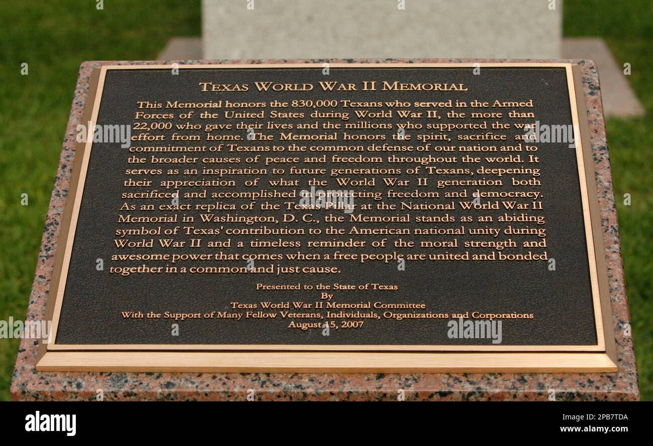 A maker located in front of the Texas World War II Memorial is shown ...