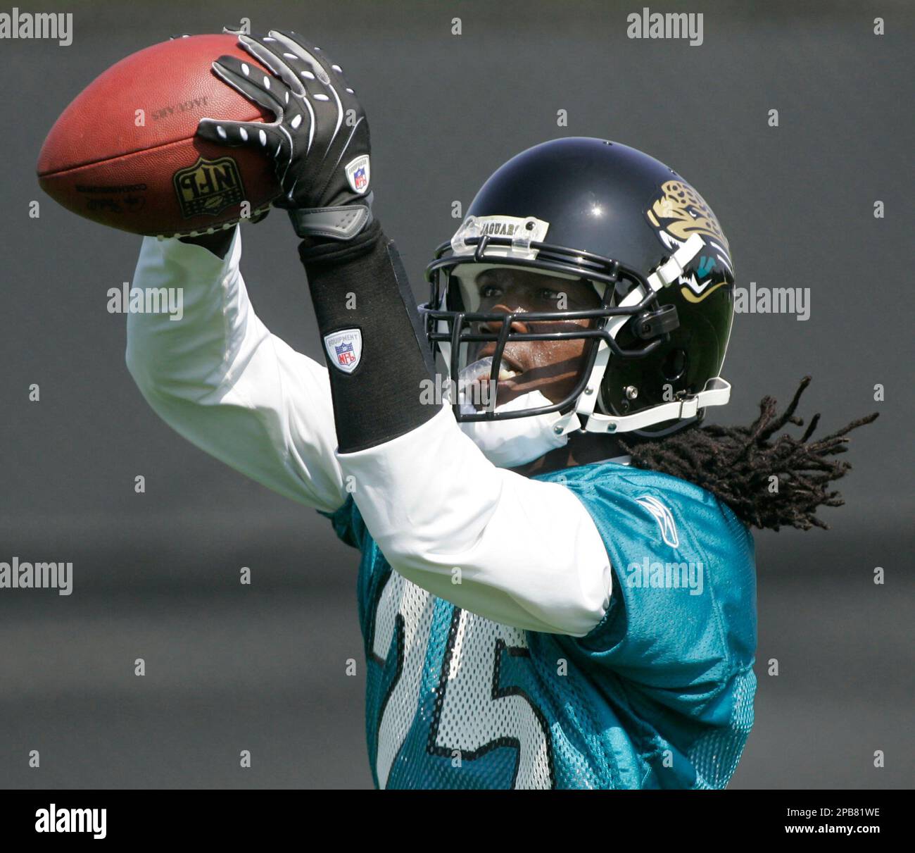 Jacksonville Jaguars defensive back Reggie Nelson, makes a catch during the  Jaguars first day of football training camp, Saturday, July 28, 2007, in  Jacksonville, Fla. Nelson is the Jaguars first-round draft pick