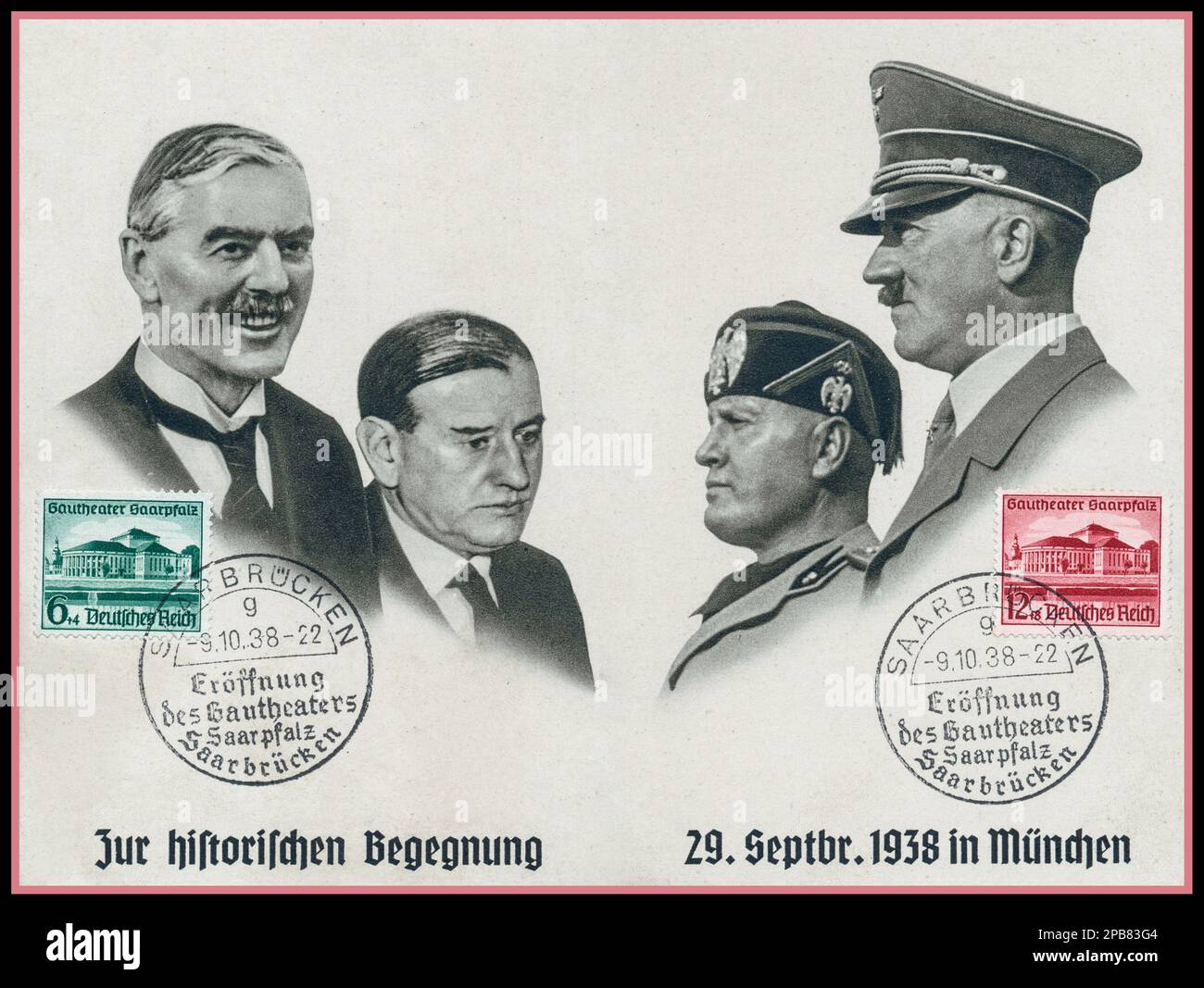 1938 Munich Agreement Nazi Germany Commemorative stamped Poster Card of Neville Chamberlain British Prime Minister with Edouard Daladier & Adolf Hitler Nazi Germany Leader together with Benito Mussolini Facist Leader Italy. ‘Our Historic Meeting 29th September 1938 in Munich’ Nazi Germany Stock Photo