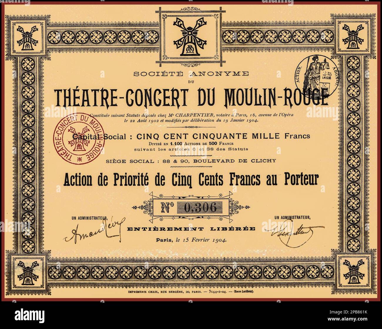 Vintage 1900s Moulin Rouge Priority Share Certificate with a par value ...