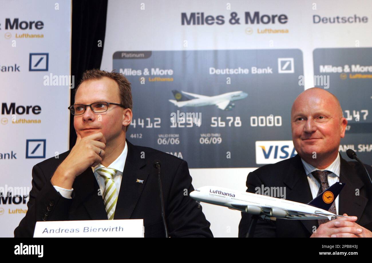 Lufthansa's Vice President marketing Andreas Bierwith, left, and Miles and  More International GmbH Managing Director Carsten Schaeffer sit for media  questions after the launch of "Miles and More Credit Card" in New