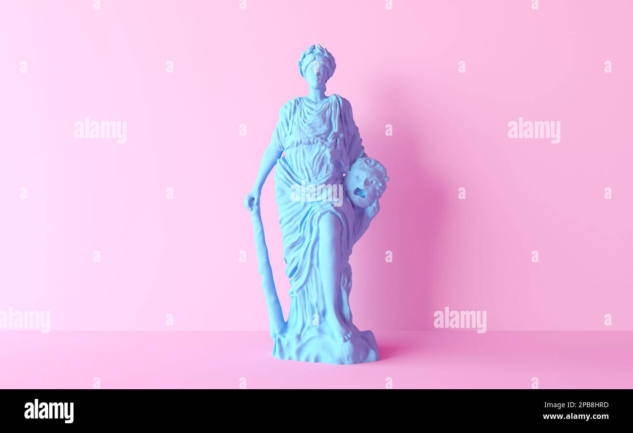 Melpomene, initially the Muse of Chorus, she then became the Muse of Tragedy, for which she is best known now. 3d rendering statue. Stock Photo