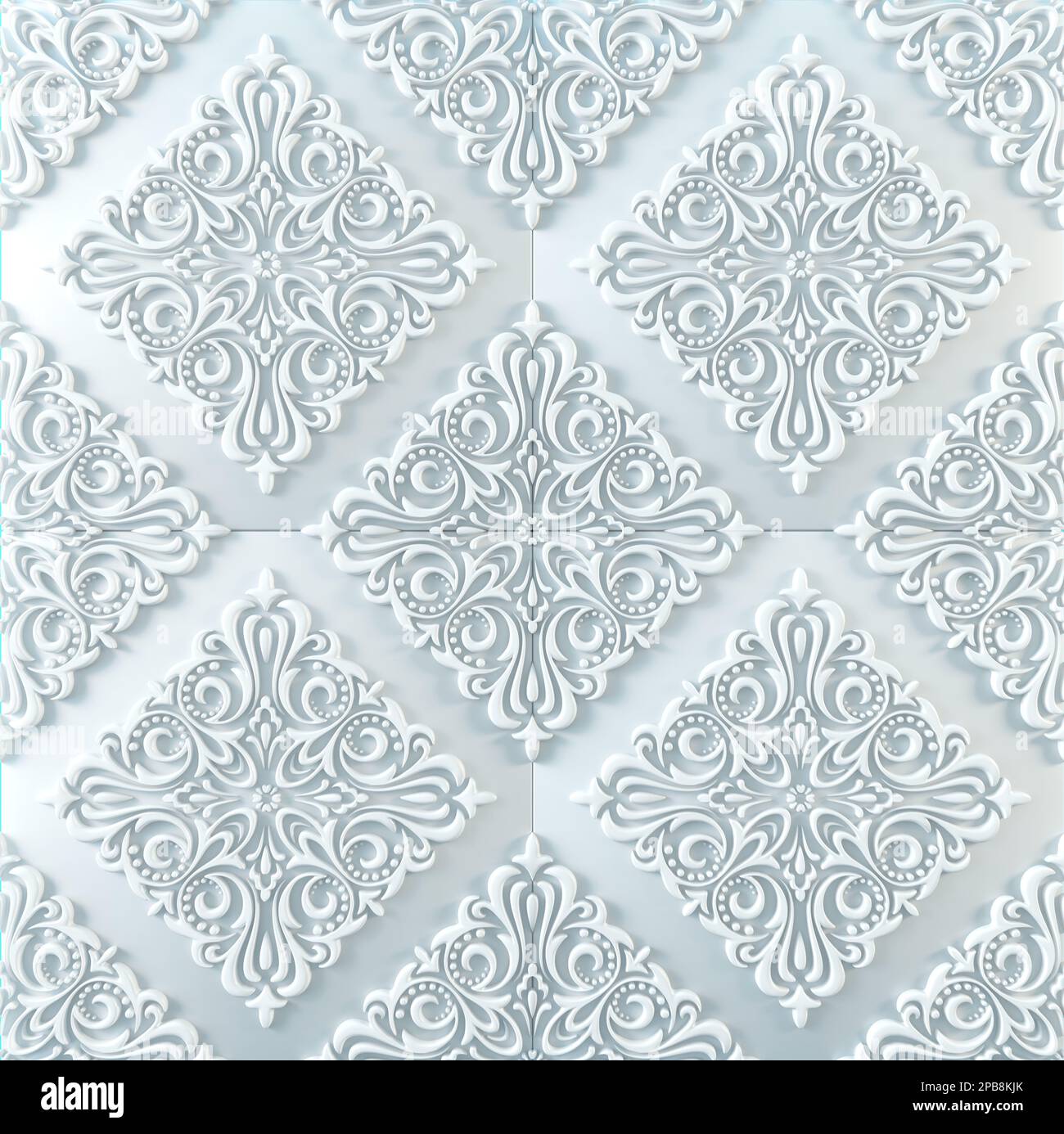 Seamless oriental light blue and white ornament in the style of baroque. Traditional classic pattern. 3d rendering plaster wall panel Stock Photo