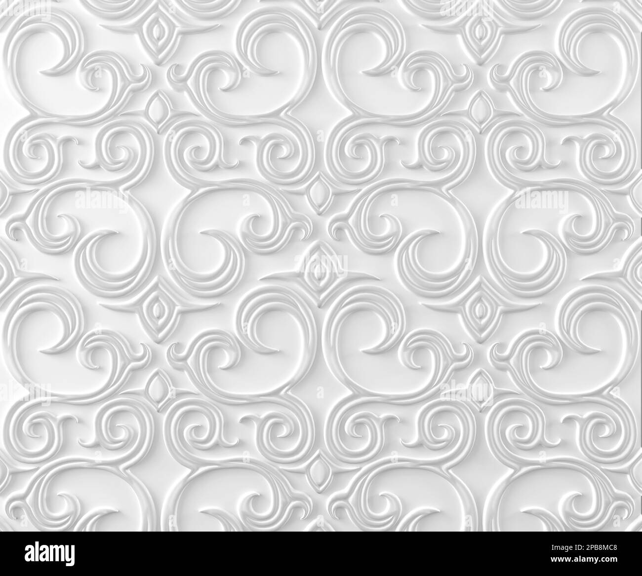 White plaster wall panel with classic vintage ornament. Damask seamless pattern. 3D illustration with shadow and highlight. White background Stock Photo