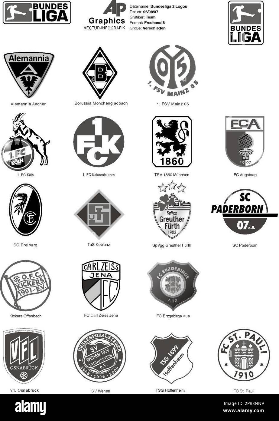 GRA7 GRAFIK BUNDESLIGA 2 LOGOS Zeichnungen der aktuellen Vereinslogos der Mannschaften in der