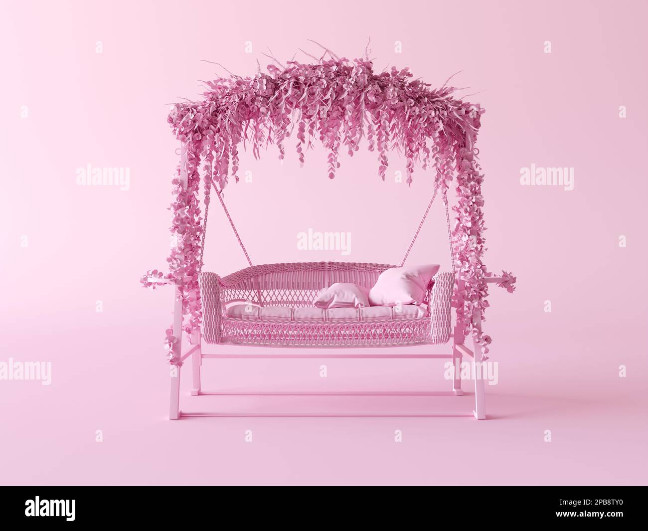 Garden furniture Store. Swinging garden bench. Monochrome flat pink color background, 3d Rendering for web and social media usage. Stock Photo