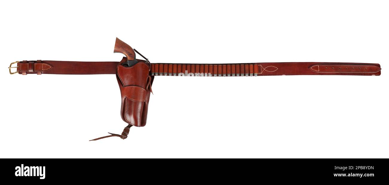 Old west weapon. Leather gun belt with ammnunitions and revolver in