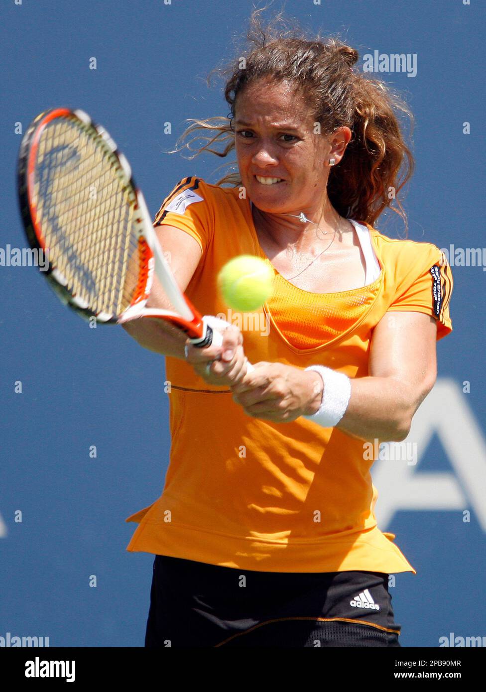 Patty Schnyder, of Switzerland, hits a backhand shot during her quarterfinal match against Nadia Petrova, of Russia, at the Acura Classic tennis tournament Friday, Aug. 3, 2007, in Carlsbad, Calif. (AP Photo/Denis Poroy) Stock Photo