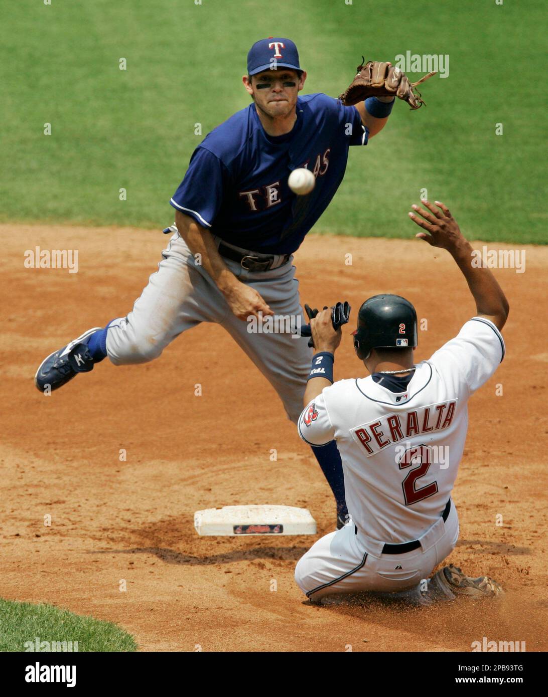 Texas Rangers Ian Kinsler throws to first base after forcing out