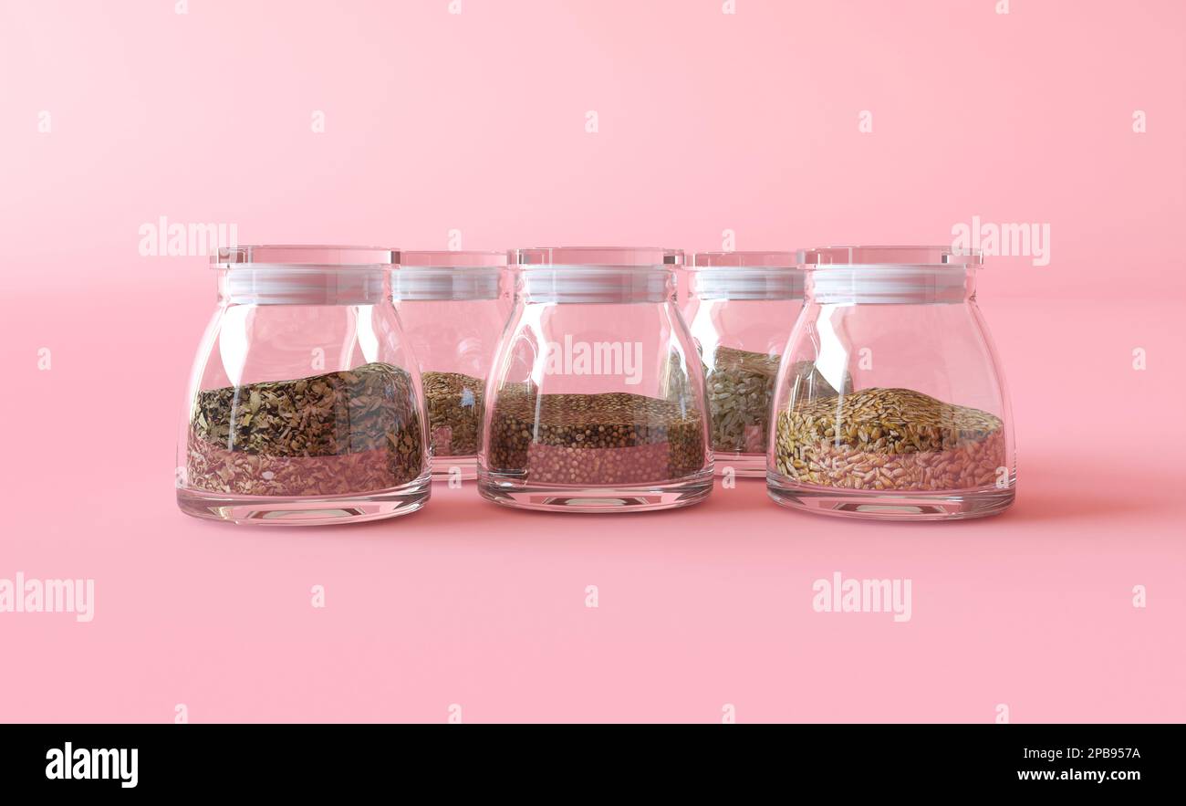 Professional set of gin spices in small glass bottles, close up. Cumin, black pepper, dried herbs and spices. Seasoning in jar. Black pepper in shaker Stock Photo