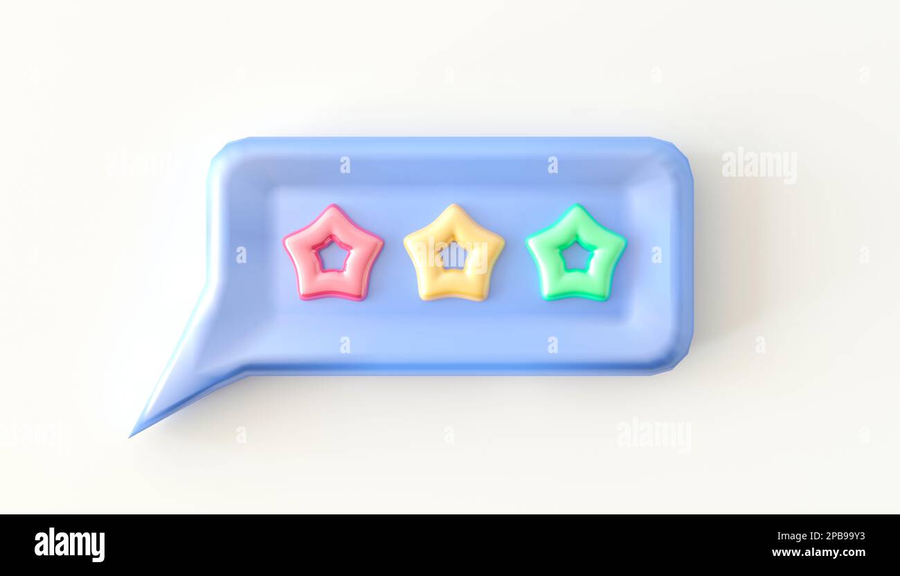 Cartoon square talk ballon with stars review. 3d icon to conversation, speechs. 3d render illustration isolated on white. Bubble talk notification Stock Photo