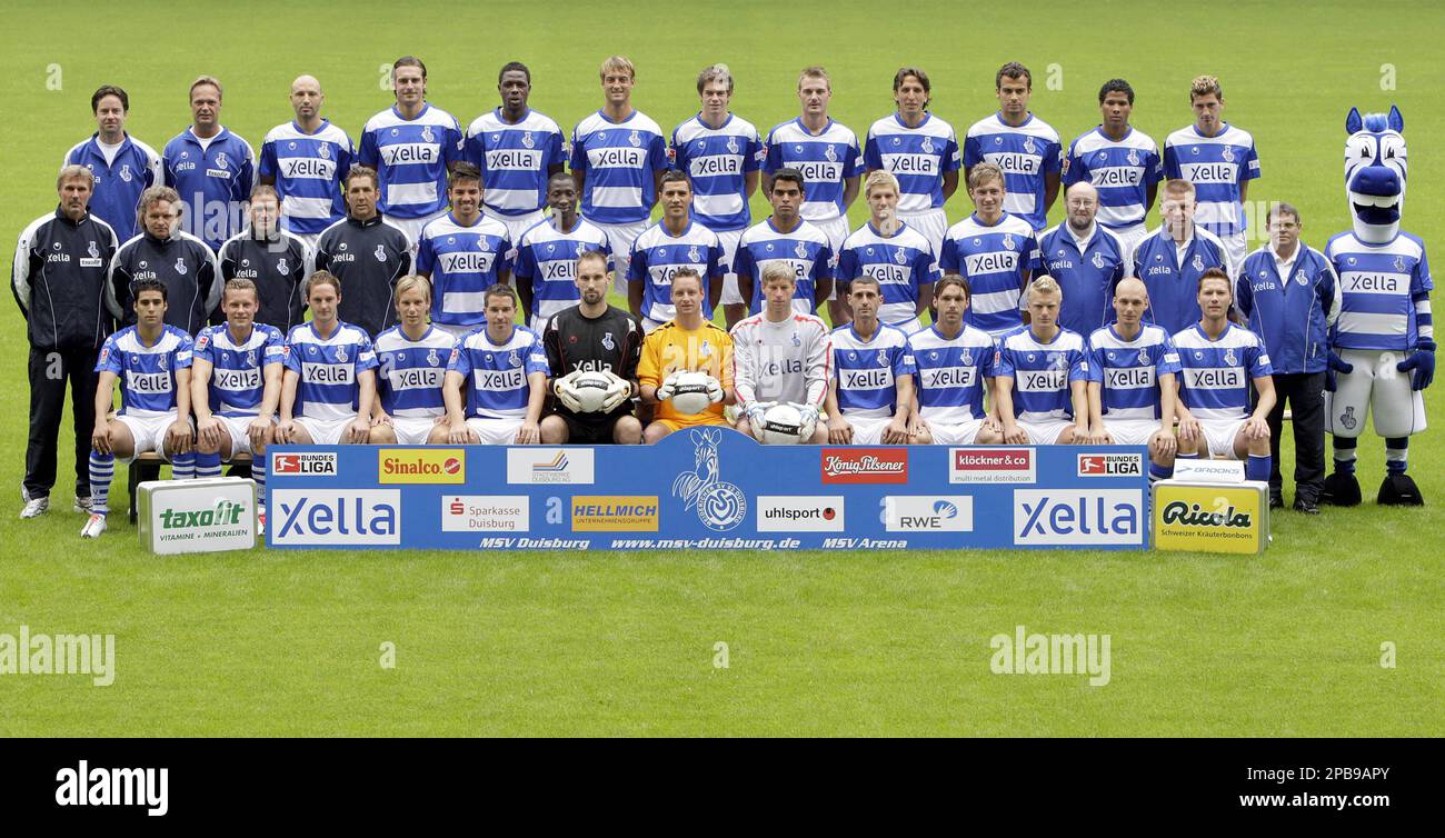 The team of German first division, Bundesliga, soccer club MSV Duisburg is pictured during the club's official team photo shooting in Duisburg, Germany, on Monday, July 9, 2007. First row from left: Pablo Caceres, Markus Kurth, Alexander Meyer, Markus Neumayr, Christian Weber, Tom Starke, Marcel Herzog, Sven Beuckert, Mihai Tararache, Christian Tiffert, Tobias Willi, Nils-Ole Book, Andreas Voss. Second row from left: Head coach Rudi Bommer, Heiko Scholz, Manfred Stefes, Manfred Gloger, Blagoy Georgiev, Manasseh Ishiaku, Youssef Mokhtari, Maicon, Markus Daun, Adam Bodzek, Peter Lindner, Udo Jan Stock Photo