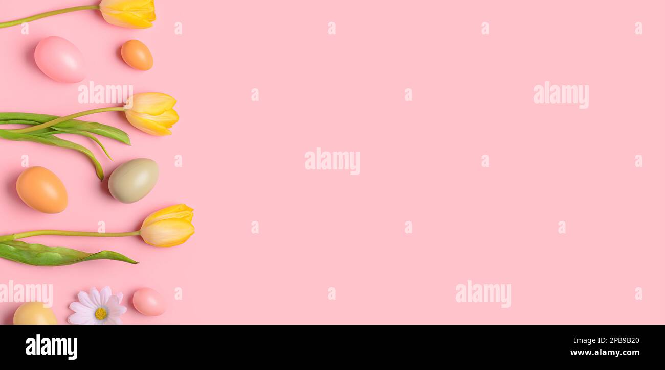 Easter eggs and flowers on pink background with space for text Stock ...