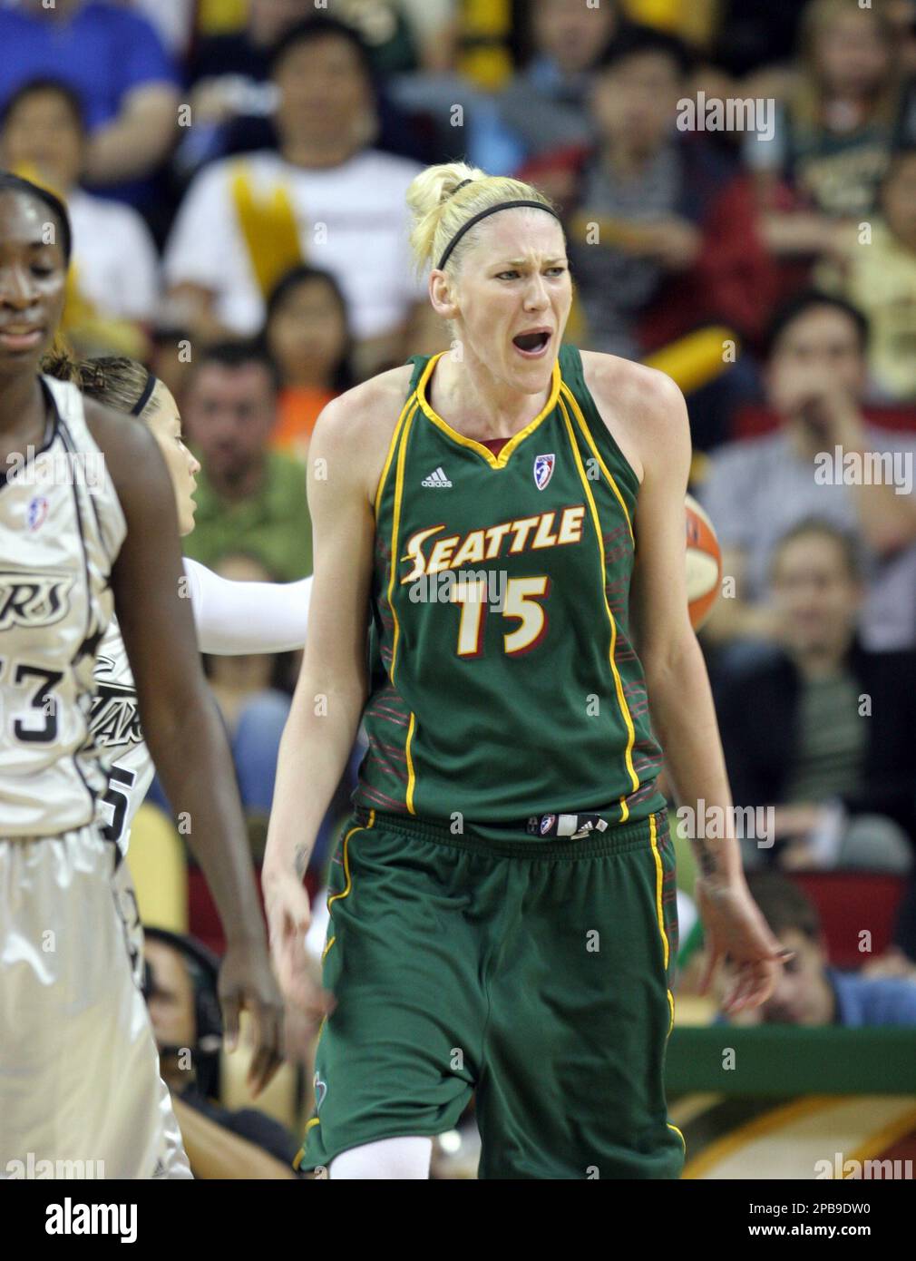 Seattle Storm's Lauren Jackson gets upset over a call in the