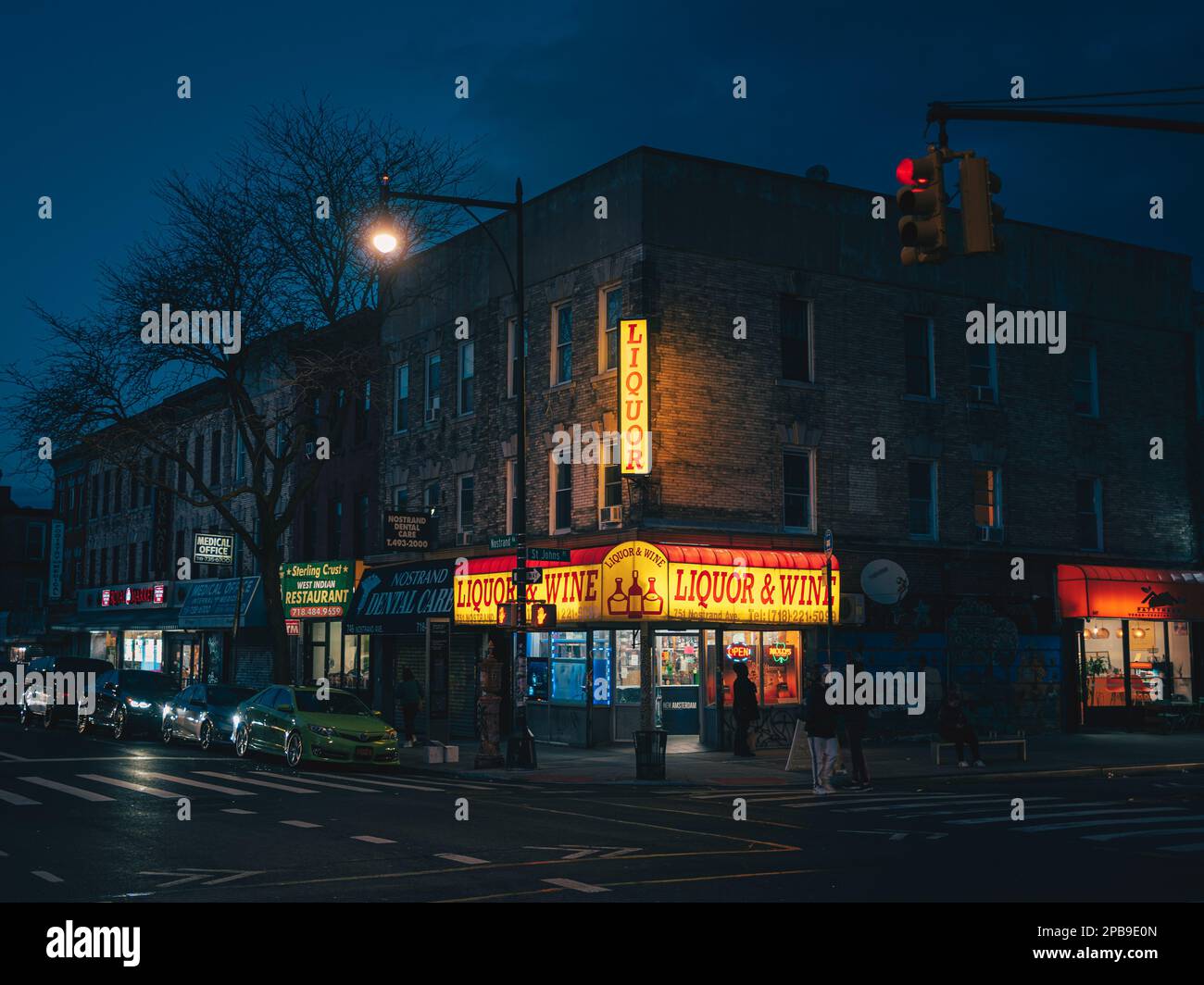 Liquor store at night, on Nostrand Ave in Crown Heights, Brooklyn, New