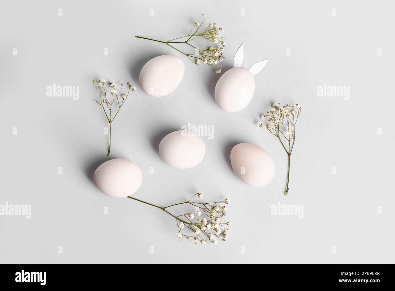 Composition with Easter eggs and gypsophila flowers on light background Stock Photo