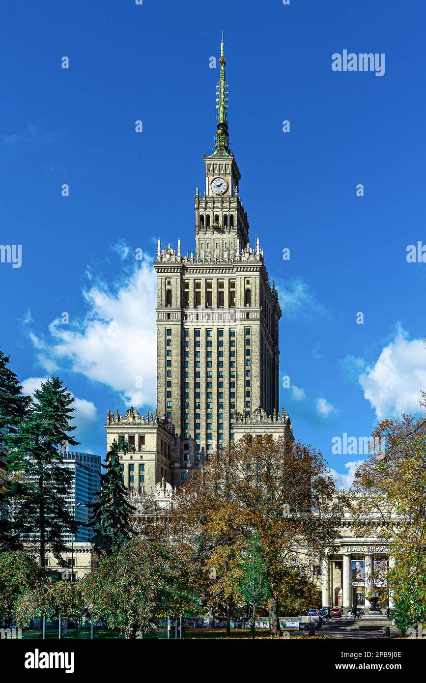 Warsaw. View of the Palace of Culture and Science, the center of Warsaw. In the background, the tall buildings of downtown Warsaw. Stock Photo
