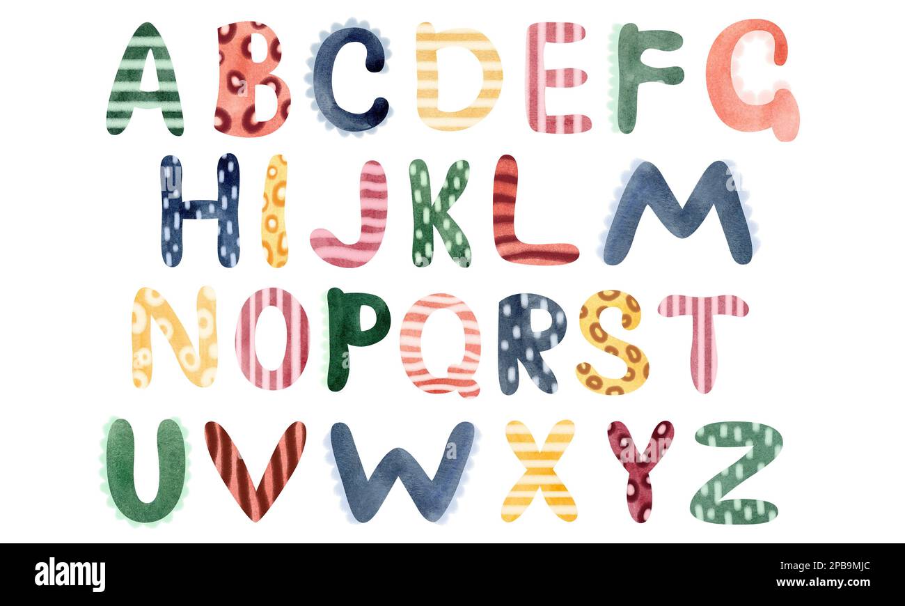 English children's font. Cool cartoon letters for school, garden. Fonts for the children's area, decorations. Cute colored alphabet. Children's inscri Stock Photo