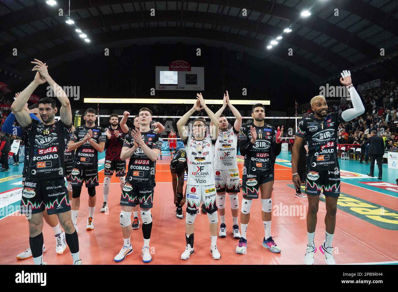 Perugia, Italy. 12th Mar, 2023. sir safety susa perugia celebrate winning  the race during Sir Safety Susa Perugia vs Cucine Lube Civitanova,  Volleyball Italian Serie A Men Superleague Championship in Perugia, Italy,