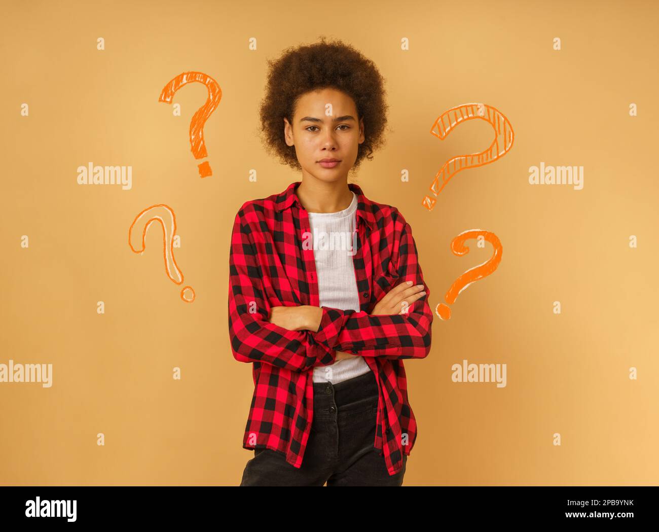 Thoughtful serious woman having doubts about something Stock Photo