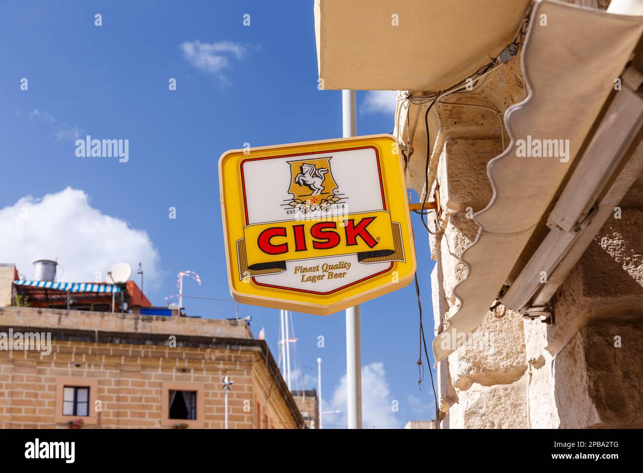 BIRQU, MALTA - SEPTEMBER 11, 2017: Cisk beer brand signage in the streets of Birqu, Malta in September 2017. Stock Photo