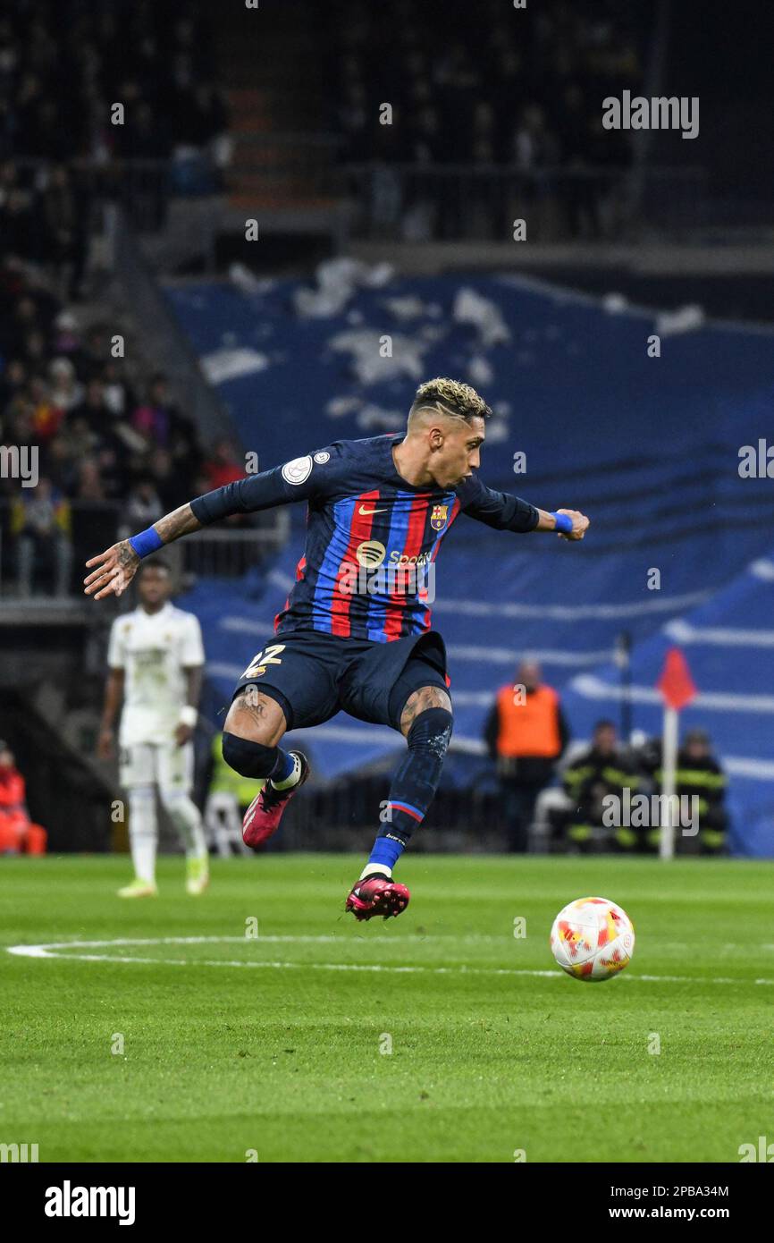 MADRID, SPAIN - MARCH 2: FC Barcelona Raphinha controls the ball during the  Copa Del Rey match between FC Barcelona and Real Madrid CF on March 2,  2023, at Santiago Bernabeu Stadium