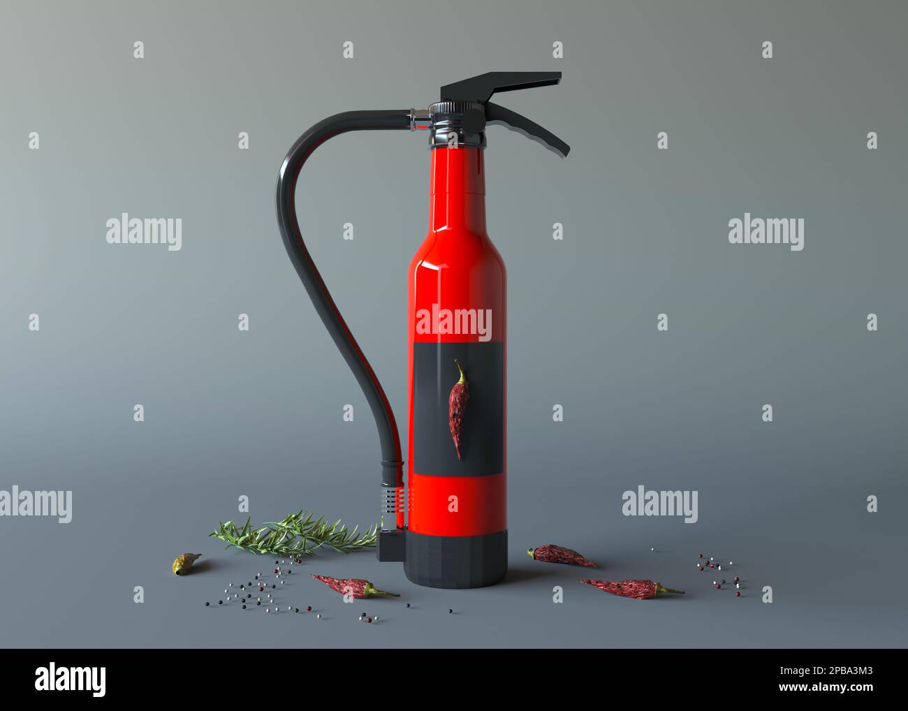 Chili ketchup fire extinguisher. Spicy chili hot sauce in a bottle. A glass bottle in the form of a fire extinguisher mockup. Creative concept of hot Stock Photo