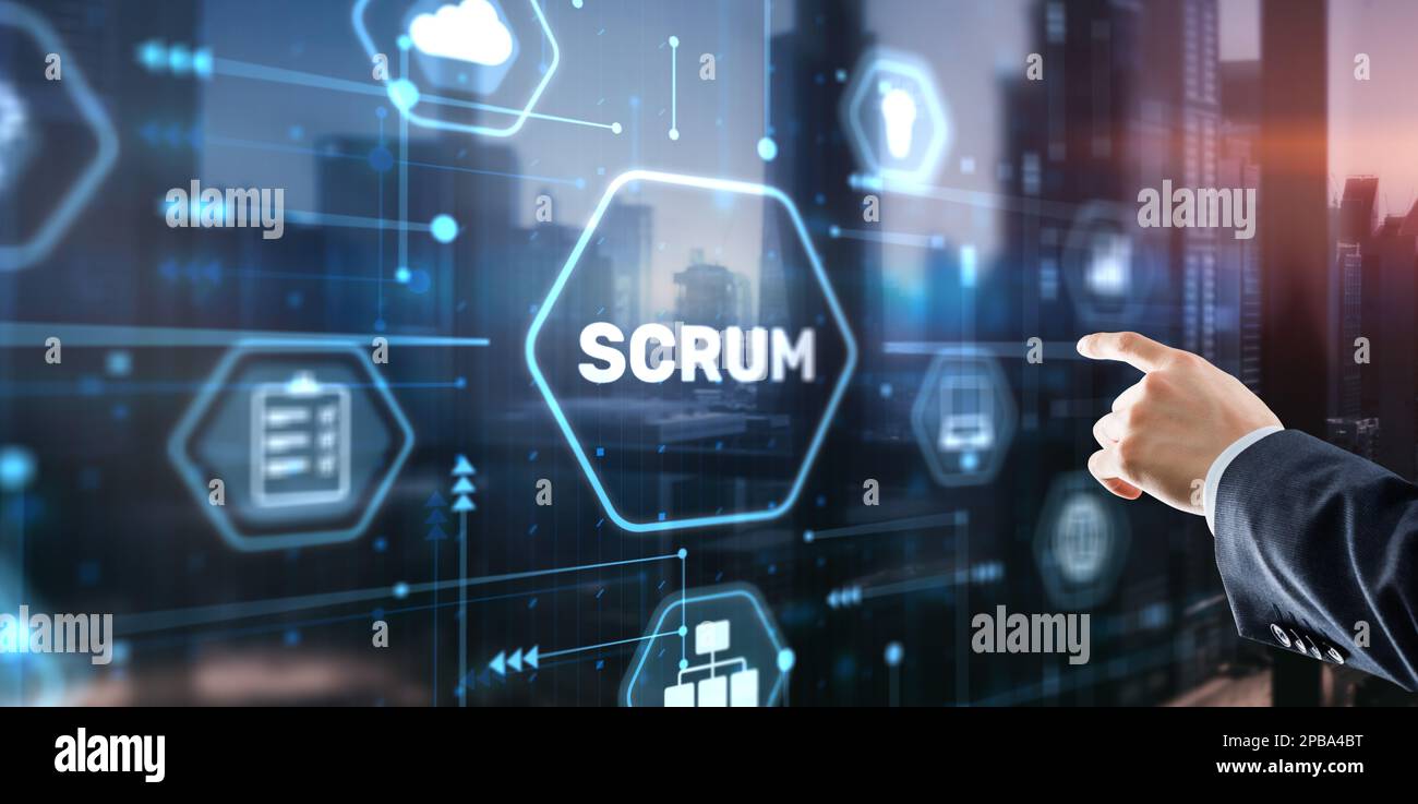 Businessman presses a button Scrum process software development outline concept. Stock Photo