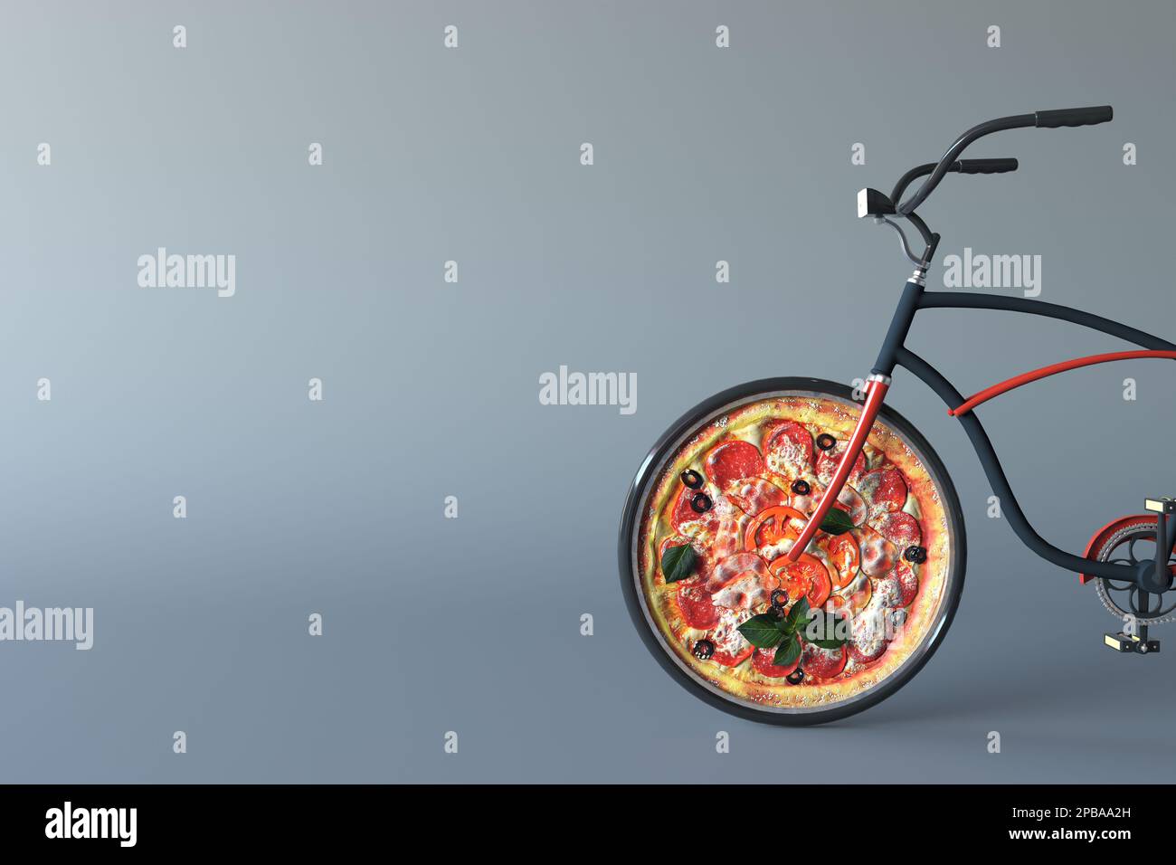 Pizza on bicycle wheels 3d illustration. Creative concept of fast pizza delivery, food delivery service, pizzeria banner for promotion and media. Stock Photo