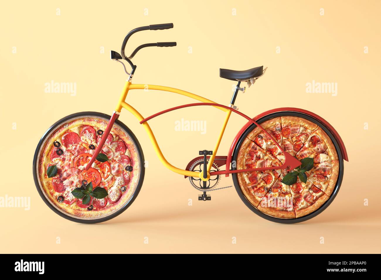 Pizza in bike wheels 3d illustration. Creative concept of tasty pizza delivery, food delivery service, Italian pizzeria banner flat lay, copyspace. Stock Photo