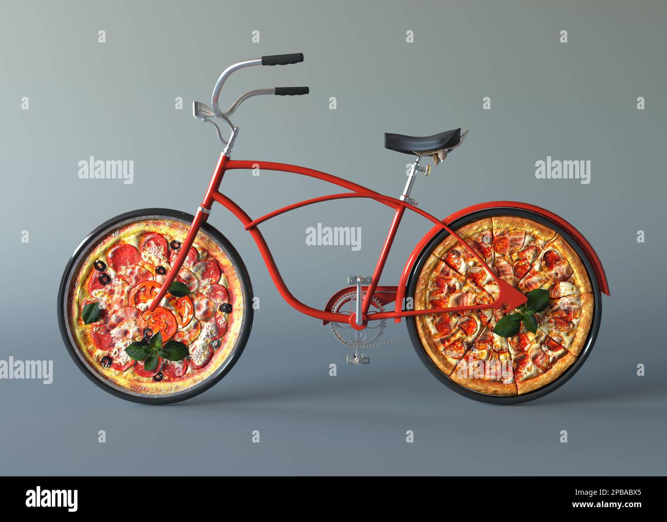 Pizza on bicycle wheels 3d illustration. Creative concept of fast pizza delivery, food delivery service, Italian pizzeria banner for promotion and med Stock Photo