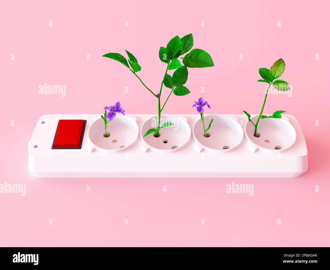 Green sprouts growing in electric socket on pink background. Power energy concept. 3d render illustration with copy space. Saving environment Stock Photo