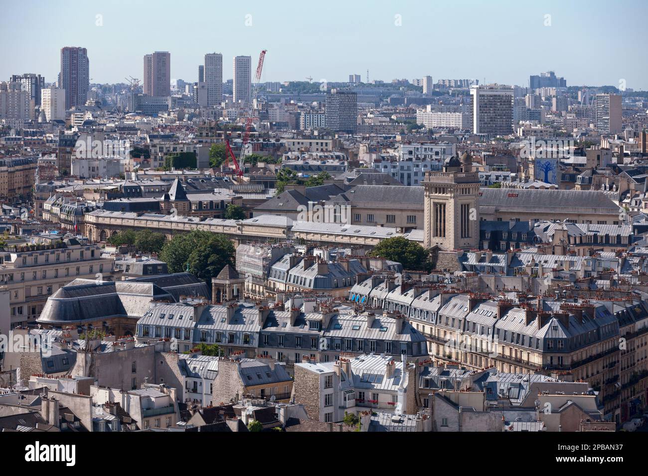 Paris, France - July 17 2017: Aerial view of the École Polytechnique in the 5th arrondissement of Paris, with behind, the mural 'Blue tree'. Stock Photo