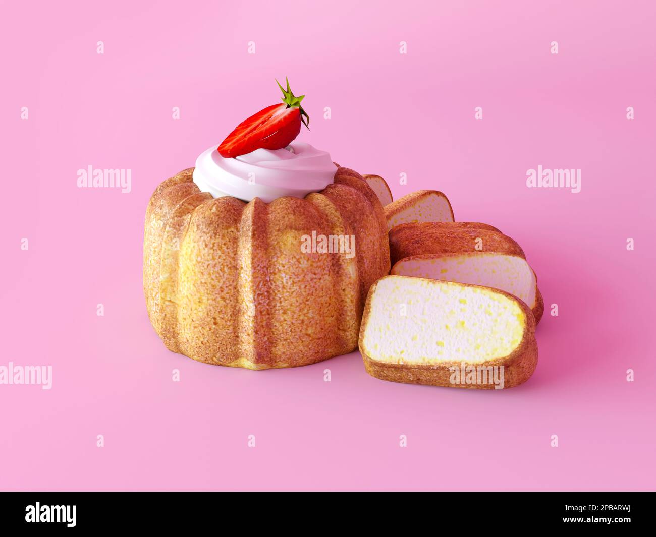 Vanilla cupcake with whipped cream, fresh strawberry on pink background. Maffin with slices. Picture for a menu or a confectionery catalog. Stock Photo