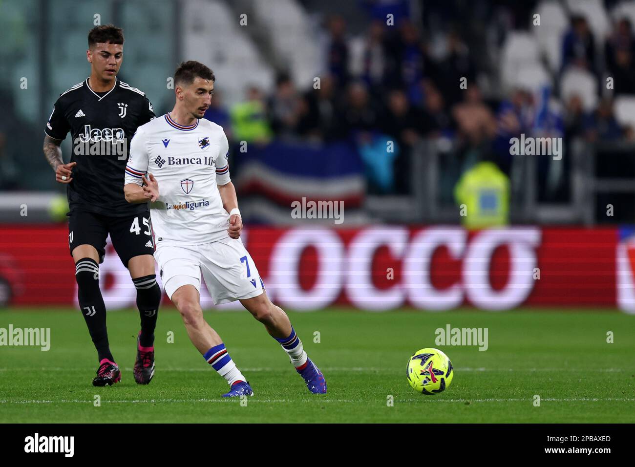 Turin, Italy, March 12, 2023, Turin, Italy . 12/03/2023, Filip Djuricic of Us Sampdoria controls the ball during the Serie A match beetween Juventus Fc and Uc Sampdoria at Allianz Stadium on March 12, 2023 in Turin, Italy . Stock Photo